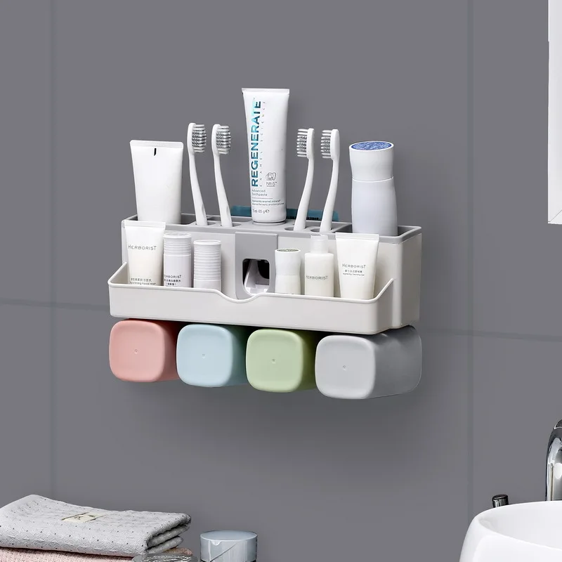 

With 4 Pieces Cup Toothbrush Holder Waterproof Automatic Tooth Brushing Holder Wall Mount Toothpaste Dispenser Moisture-proof