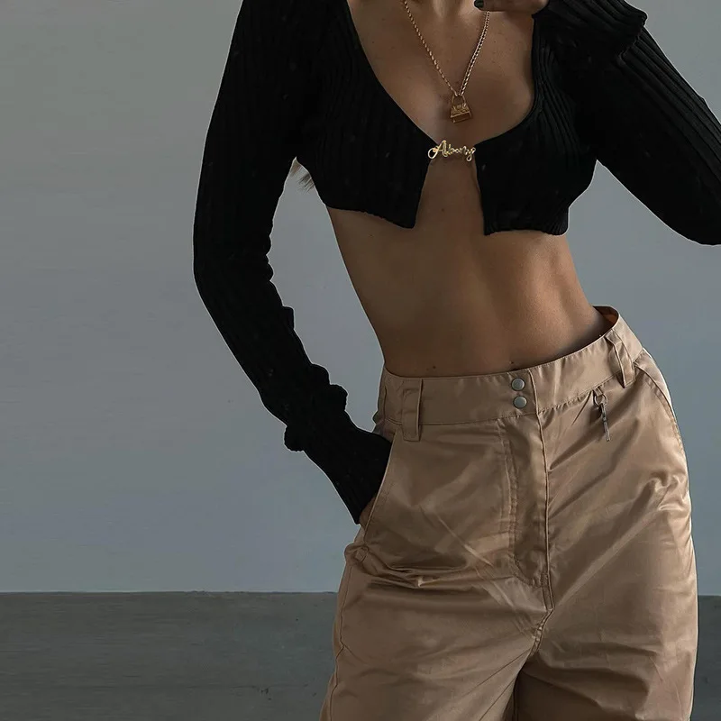 

2022 Fashion Womens Autumn Long-sleeved Crop Top Solid Color Hollow Ring Exposed Navel T-shirt Skinny Sexy Ladies New Tees