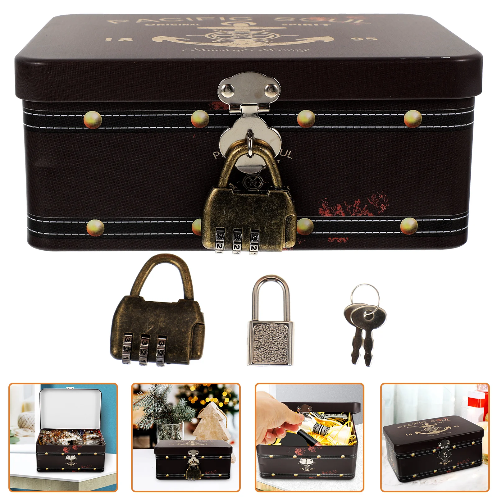 

Box Storage Metal Iron Lock Tin Case Treasure Tinplate Keepsake Boxes Money Container Decorative Candy Desktop Empty Cash Kids