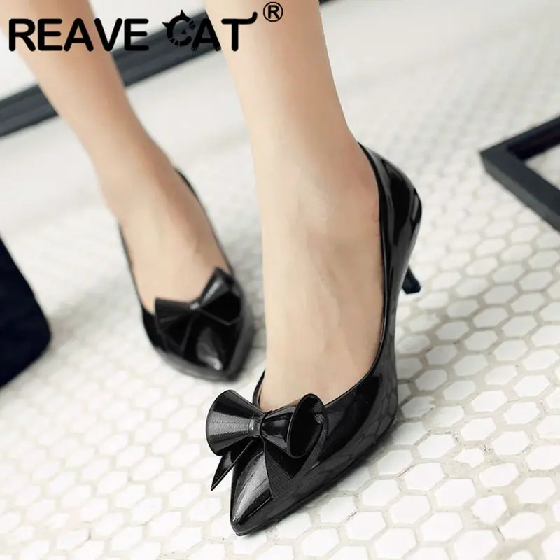 

REAVE CAT Design Sweet Women Pumps Pointed Toe Small Heels 6cm Slip On Bowknot Large Size 46 47 48 Fashion Dating Female Shoes