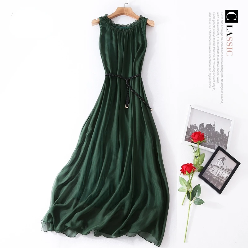 100% Real Mulberry Silk Slim Dress Elegant Dresses for Women Summer Sleeveless Green Dress Women's Clothing Vestido De Mujer LM