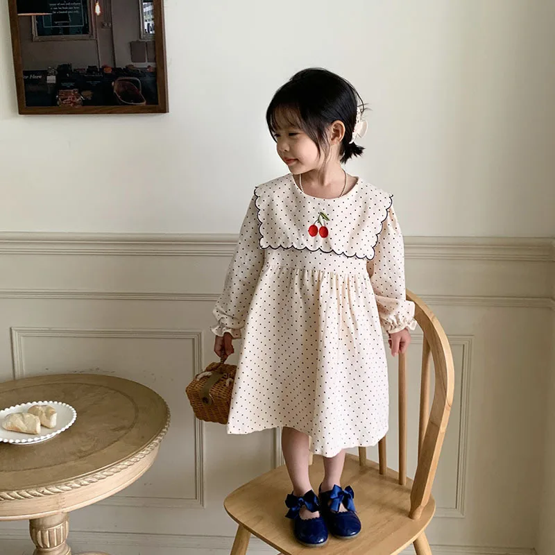 

2023 Spring New Baby Girl Dress Cherry Embroidered Polka Dot Long-sleeved Cotton Dress Kids Girl Princess Skirt Clothes 2-7 yrs