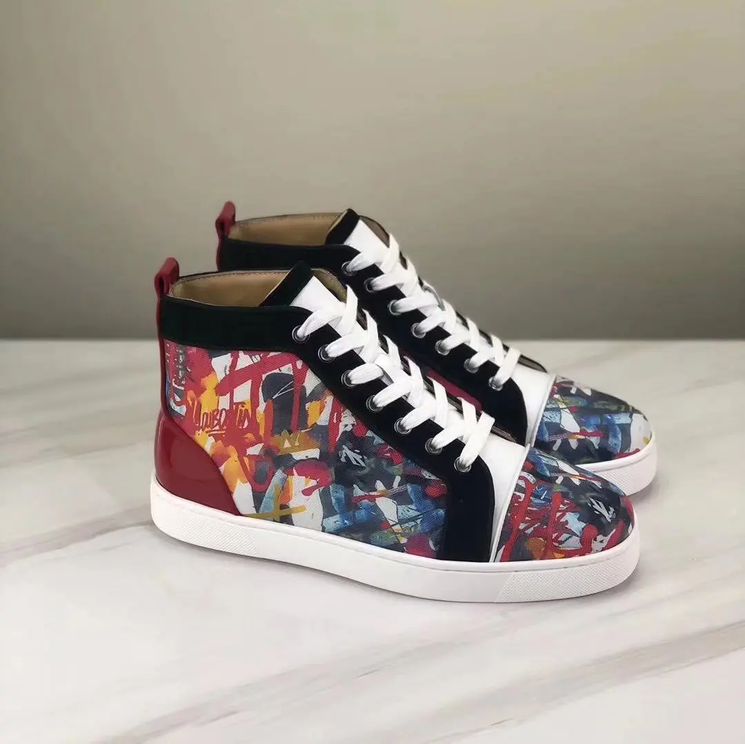 

Brand Print Flower Real Leather Red Bottom Men's Women's Shoes Flats Casual Sneakers Designer Unisex