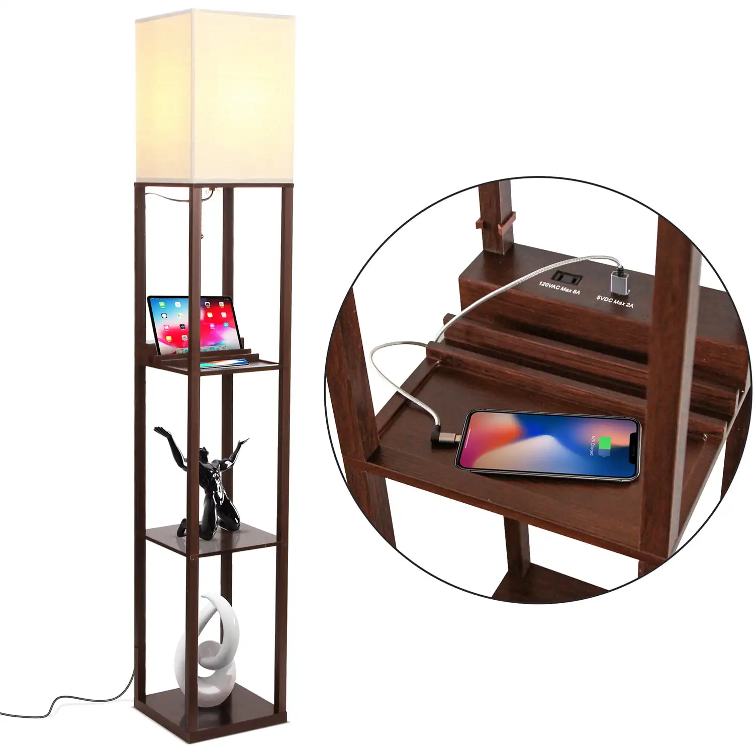 

Maxwell Standing Tower Wood Floor Lamp with Shelves and USB Port - Havana Brown