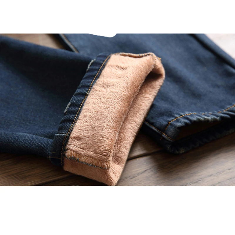 Winter Men Fleece Warm Jeans High Quality Straight Patch Beggar Hole Jean Trousers Regular Fit Thicken Flocking Warm Men's Pants