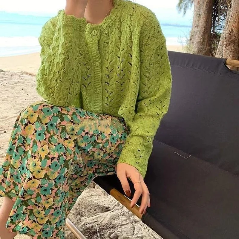 

Simple Loose Casual Cardigans Women Solid Hollow Out Knitted Sweater Korean Style All-match Retro Fashion Sweet Elegant Sweaters