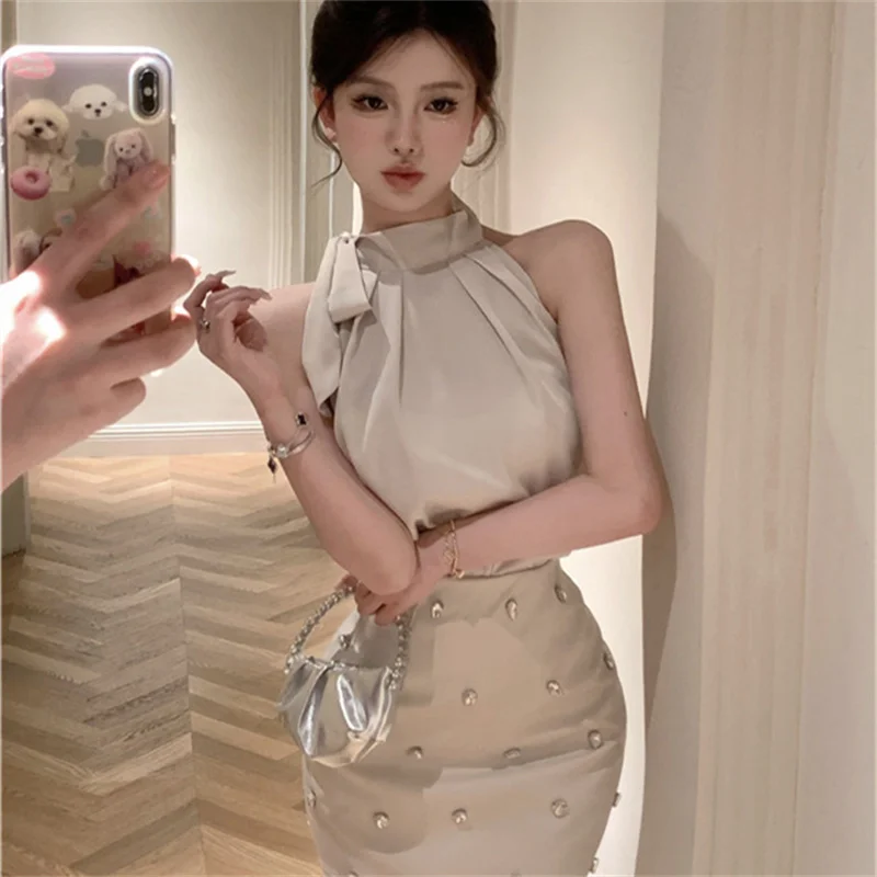 

Hsa 2023 New Women Sexy Solid Bow Halter Vest Tops + Mini Rivet Decoration Bodycon Skirts Sets Summer 2 Pieces Skirt Y2K Set