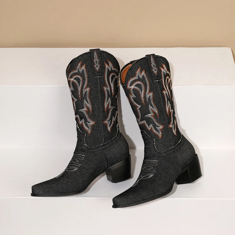 Chunky Western Cowboy Boots for Women Summer V-cut Embroidered Sleeve Doc Martens Slim Vintage Mid-leg Knight Short BootsA-904-2