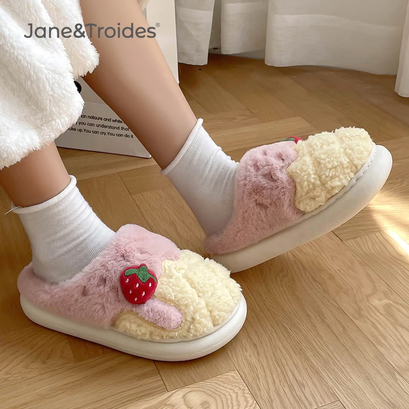 

Jane Troides Cute Cartoon Fruit Design 2022 Plush Women Slippers Winter Home Warm Furry Footwear New Fashion House Slides Shoes