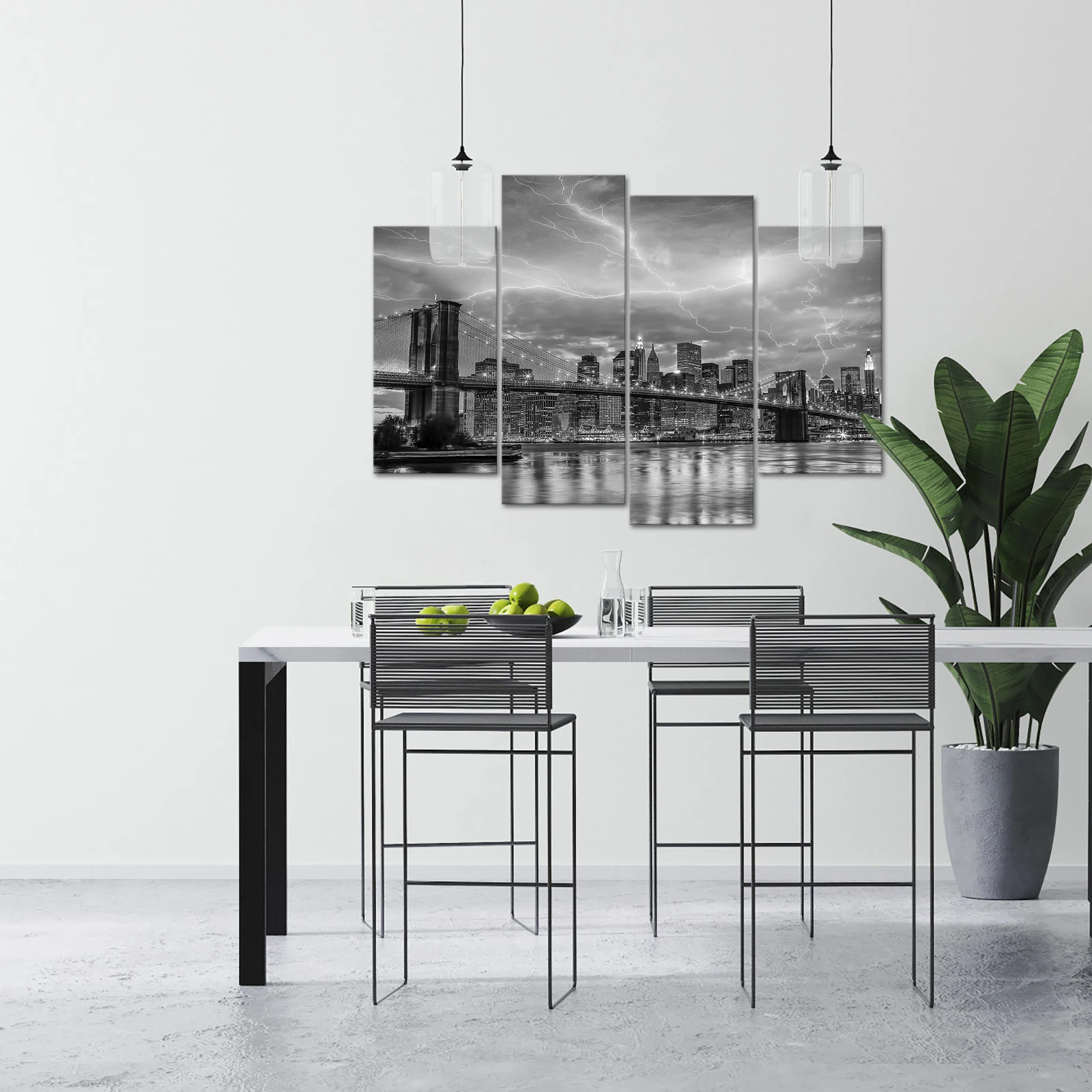 4 Pieces Thunder Over City Wall Art Posters Black and White Print Canvas Painting Modern Style Picture Living Room Home Decor