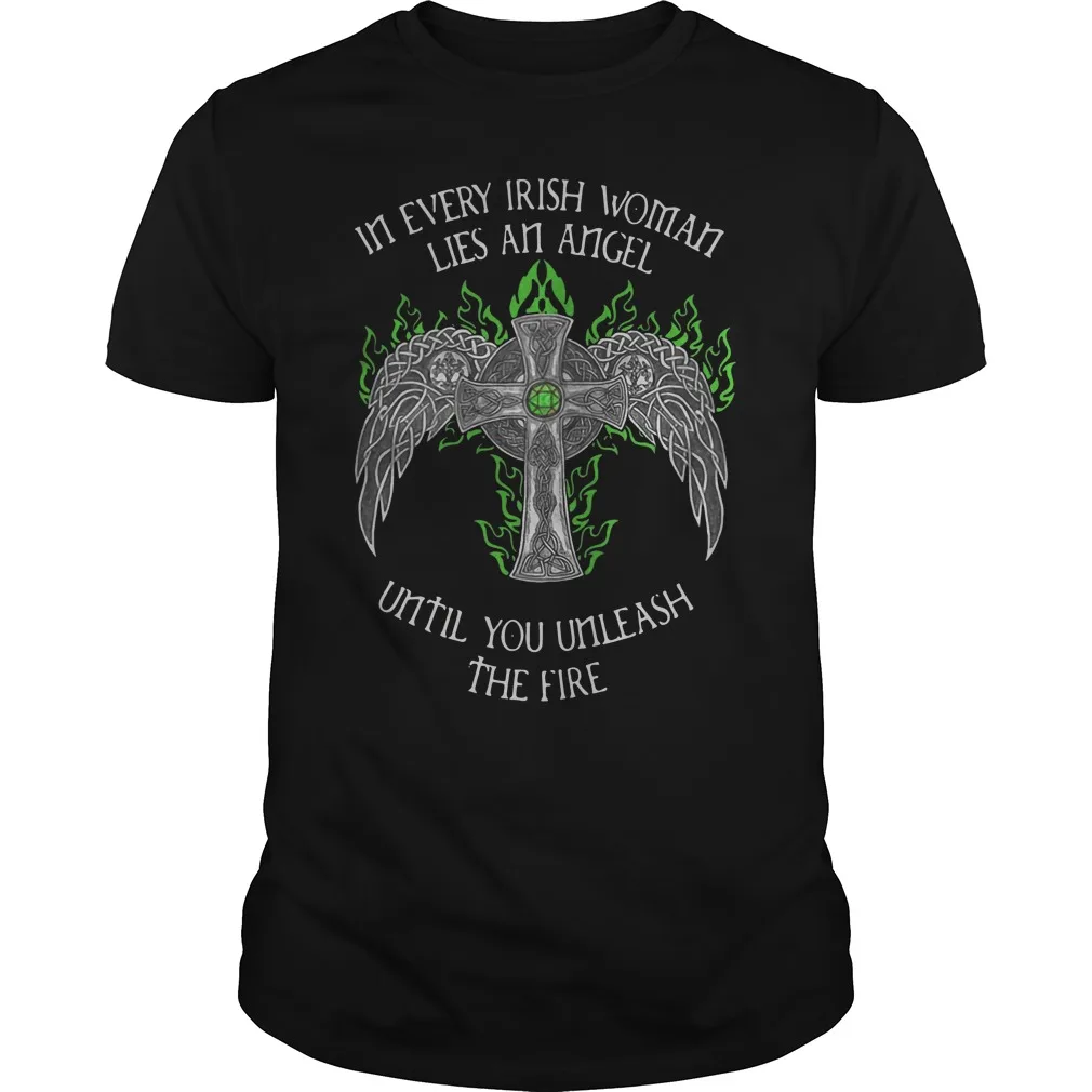 

In Every Irish Woman Lies An Angel. Cros Cheilteach Celtic Cross T-Shirt 100% Cotton O-Neck Short Sleeve Casual Mens T-shirt