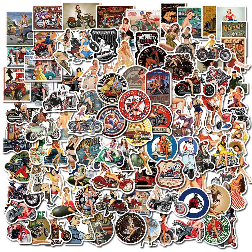 

10/30/50/100pcs Motorcycle Girl Cartoon Sticker Retro Poster Decals DIY Motorcycle Helmet Car PVC Cool Graffiti Stickers Packs