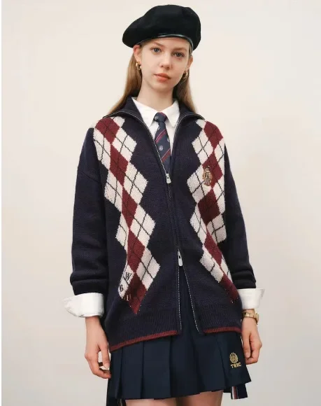 

Свободные кардиганы оверсайз, вязаный клетчатый свитер на молнии с воротником-стойкой, зимняя одежда в готическом стиле