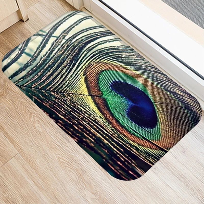 

Peacock Feather Pattern Bath Kitchen Entrance Door Mat Coral Velvet Carpet Doormat Indoor Floor Mats Anti-Slip Rug Home Decor