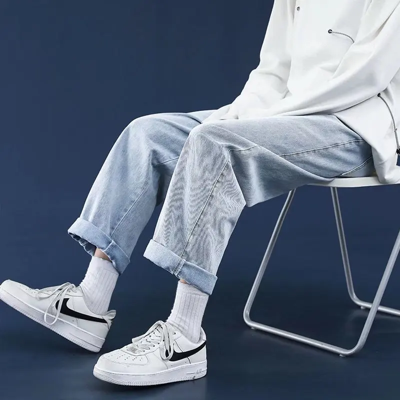 Streetwear Vintage Jeans Summer Fashion Solid Straight-Leg Pants Jeans Men's Casual Mid Waist Button Loose Denim Wide-Leg Jeans
