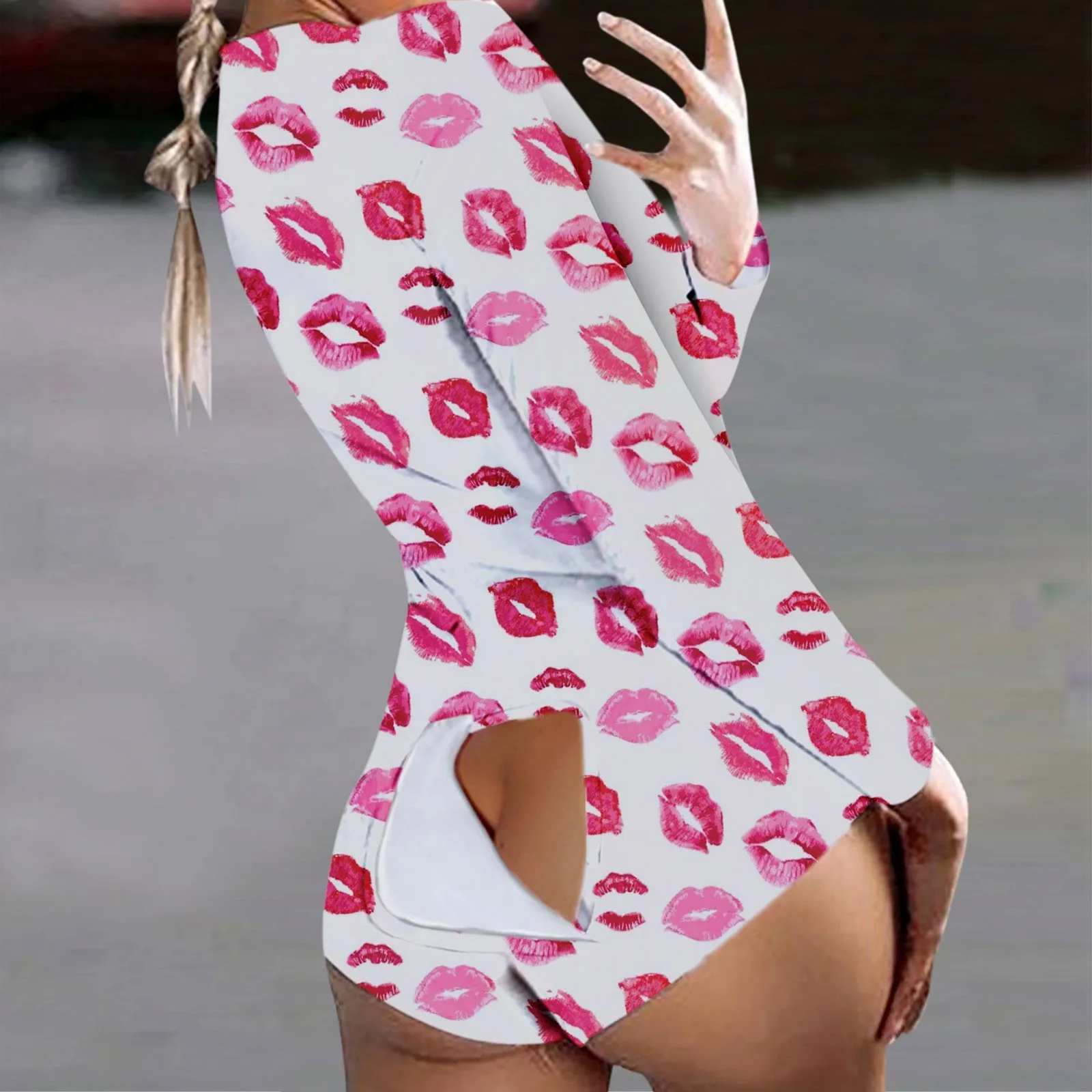 

Sexy One Piece Pajamas Women'S Deep V Neck Rompers Onesies Long Sleeve Butt Open Overalls Lip Print Nightwear Pron Clubwear