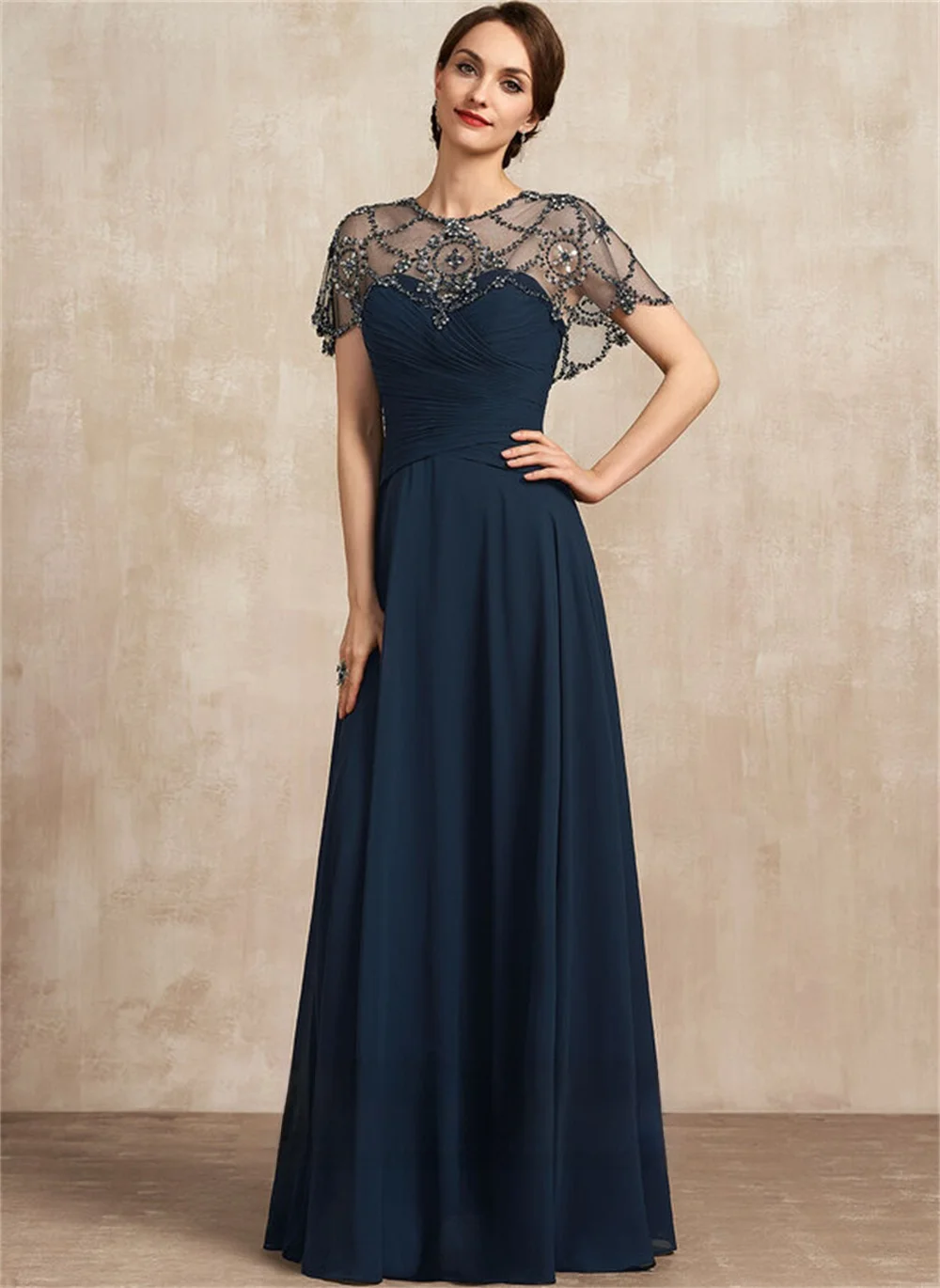 

A-Line Scoop Neck Floor-Length 2022 Appliques Sequin Ruffle Beading Evening Mother Of The Bride Dress Short Sleeves Chiffon Lace
