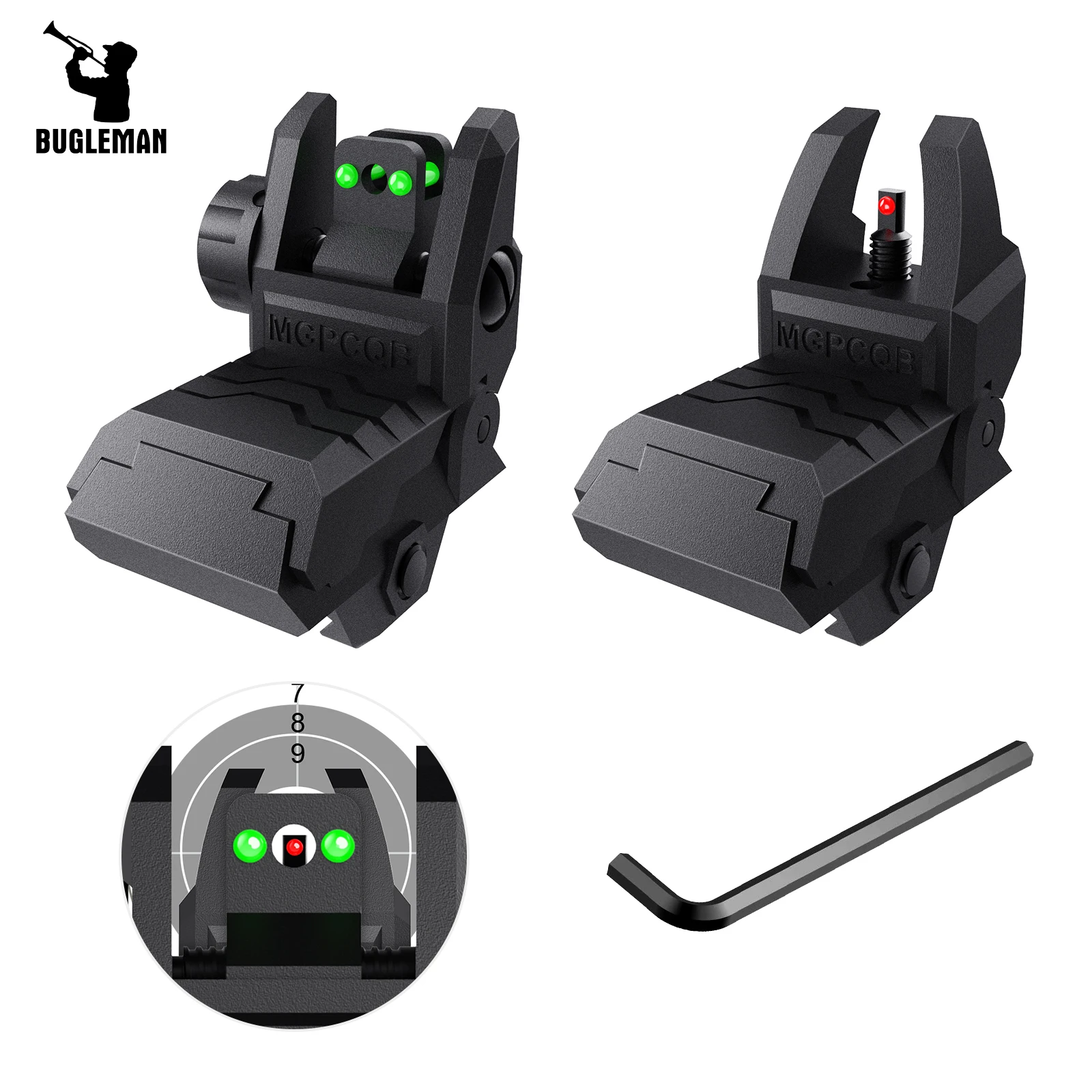 

Bugleman Foldable Fiber Optics Iron Sights Flip-up Front Rear Sights Back up sight fiber sights for Picatinny Weaver Rails