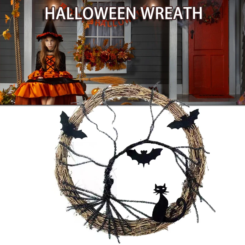 

Halloween Wreath For Front Door Illuminated Christmas Garland Black Bat Rattan Wreath Halloween Decorations For Home Party Props