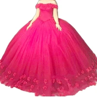 2023 fashion 3d floral red puffy ball gown prom dresses off shoulder tulle lace up back sweet 15 dresses party pageant for girls