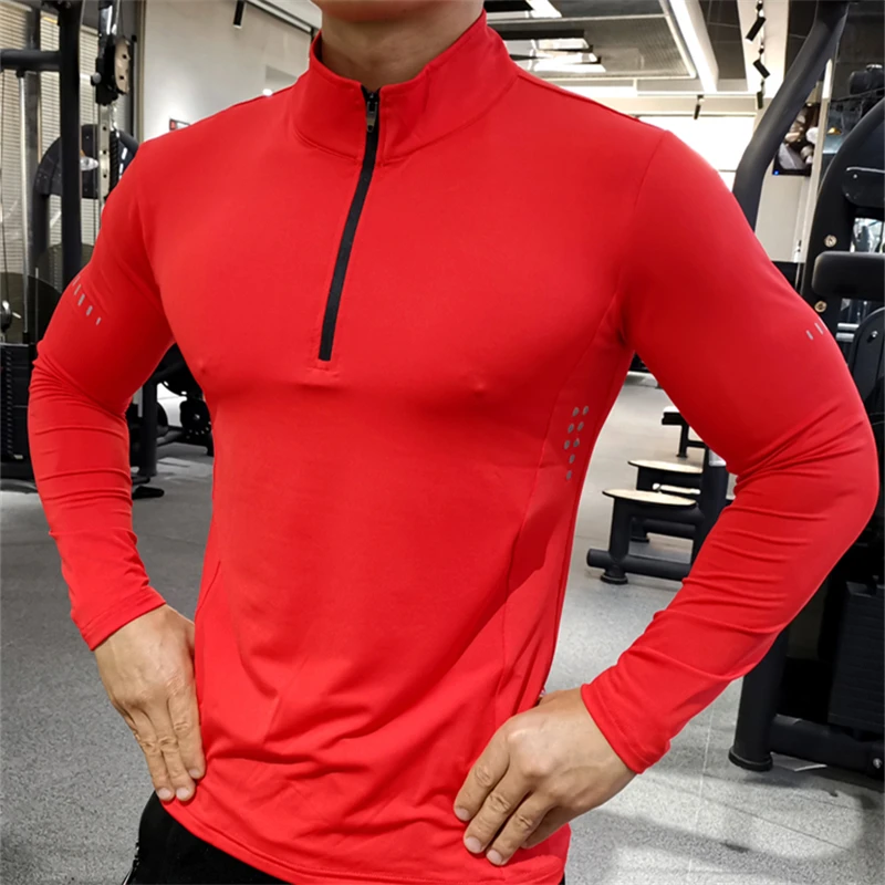 Men's Fitness Sports T-shirt Running Long Sleeve Tops Zip Up Man Compression Bodybuilding Gym Sweatshirts Quick Dry Cycling Tees