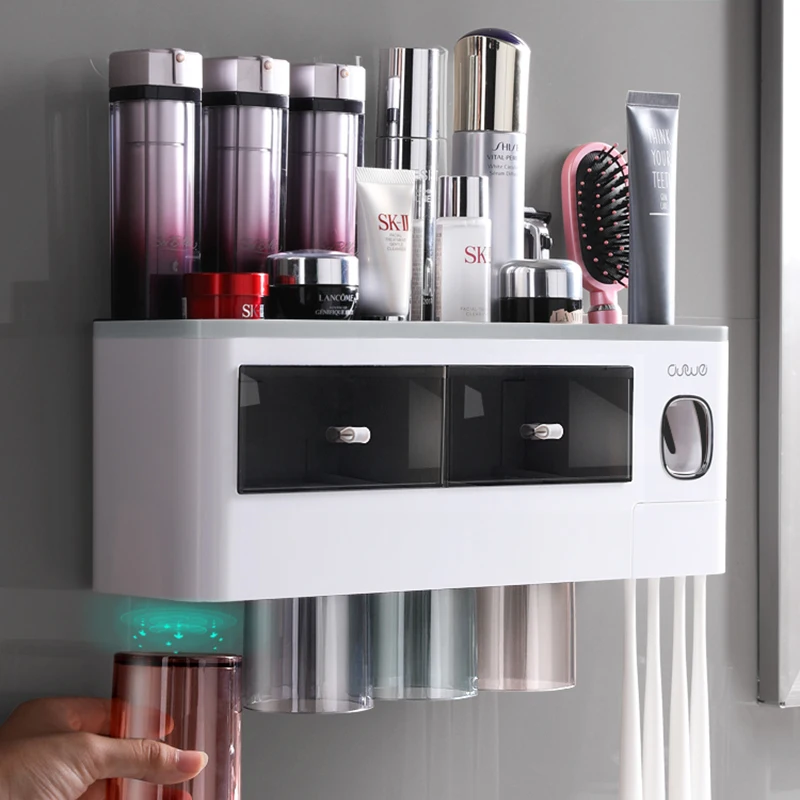bathroom accessories set magnetic adsorption inverted toothbrush holder automatic toothpaste dispenser squeezer storage rack free global shipping