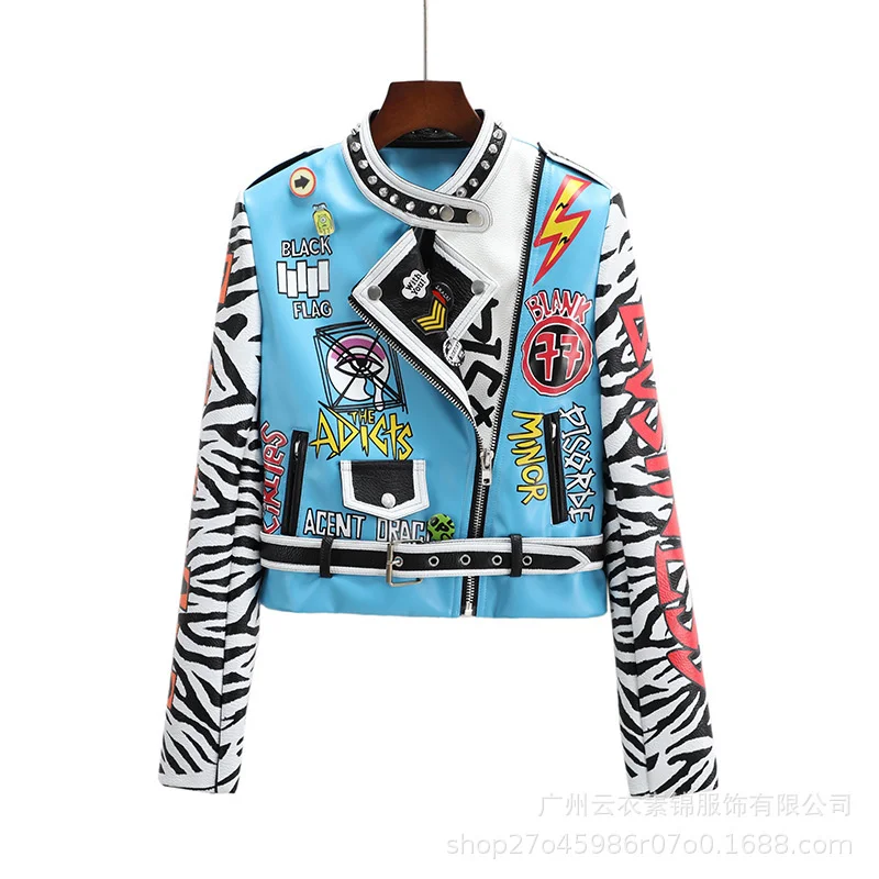 European And American Women'S Leather Clothes New Motorcycle Short Coat Fashion Personality Slim Show Thin Jacket Print Graffit enlarge