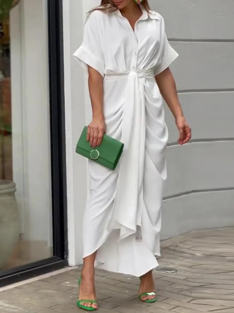 

Women's Dress Summer Style Lapel Short Sleeve Elegant Temperament Single Breasted High Waist White Shirt Fashion Women's Dress
