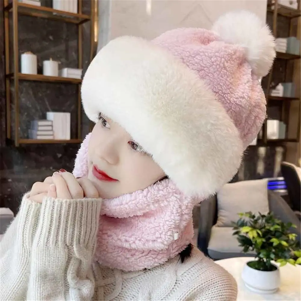 

Women Casual Pure Color Faux Fur Women Caps Scarf Mask Set Plush Hat Beanies Caps