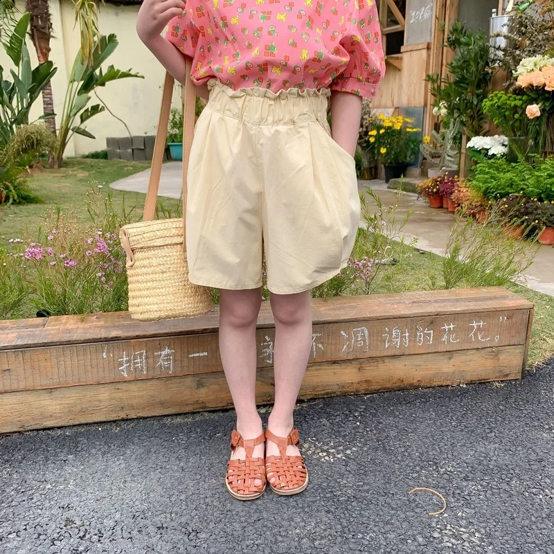 

2022 летние однотонные шорты для девочек с высокой талией, Детские хлопковые свободные шорты