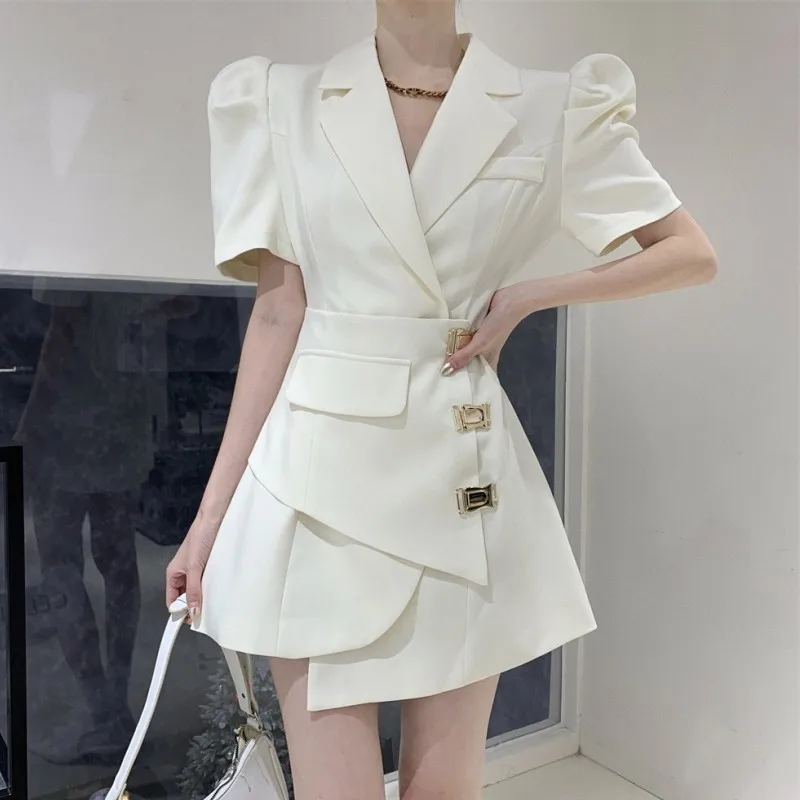 

Women Summer Blazer Dress Office Ladies Elegant French Retro Design Puff Short Sleeve Temperament Casual Party Dresses Female