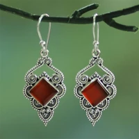 vintage engagement wedding jewelry hook natural stone ruby ear stud red agate earrings dangle gemstone