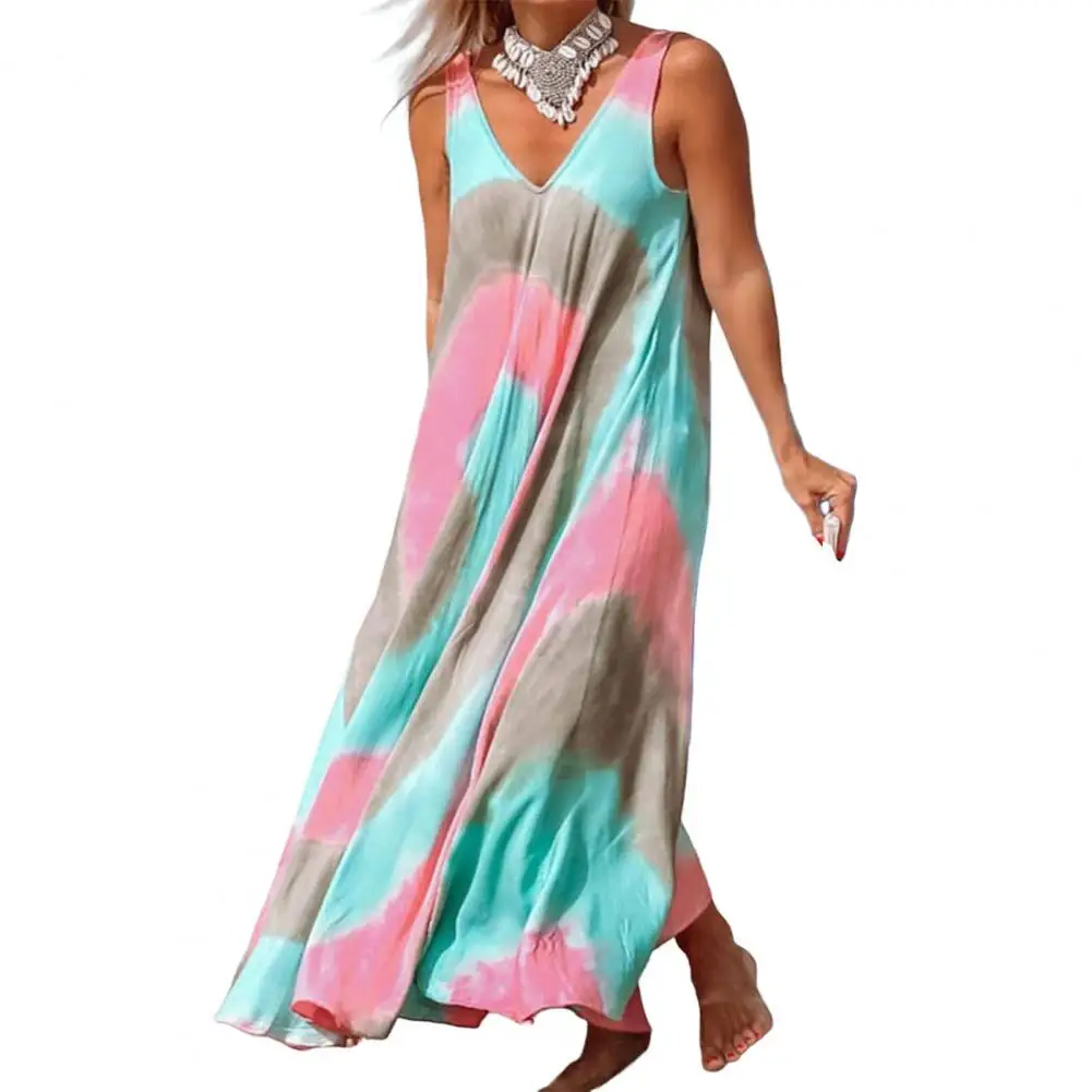 

Women 2022 Summer Vintage O-Neck Loose Fit Large Hem Casual Dress Tie-dye Print Sleeveless Women Maxi Dress Sundress Female Robe