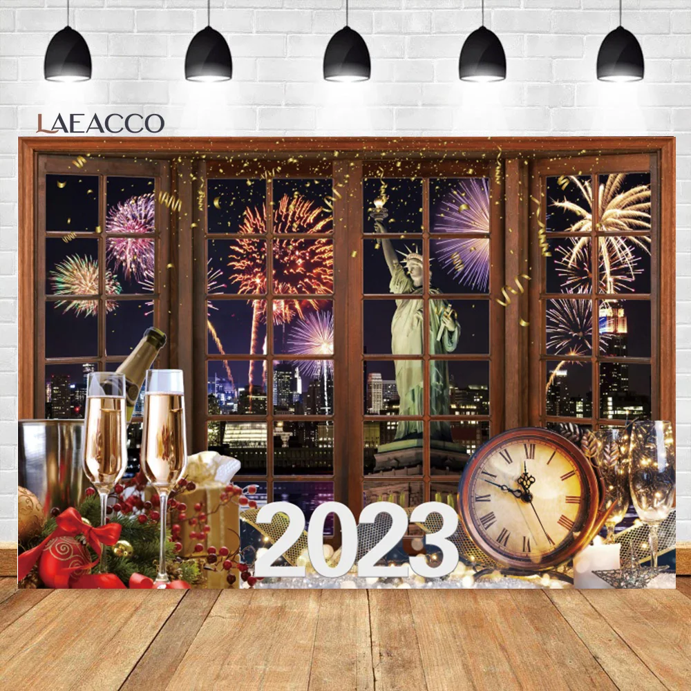 

Laeacco Happy New Year Window Photo Backdrop 2023 New Year Countdown Gorgeous Fireworks Family Portrait Photography Background