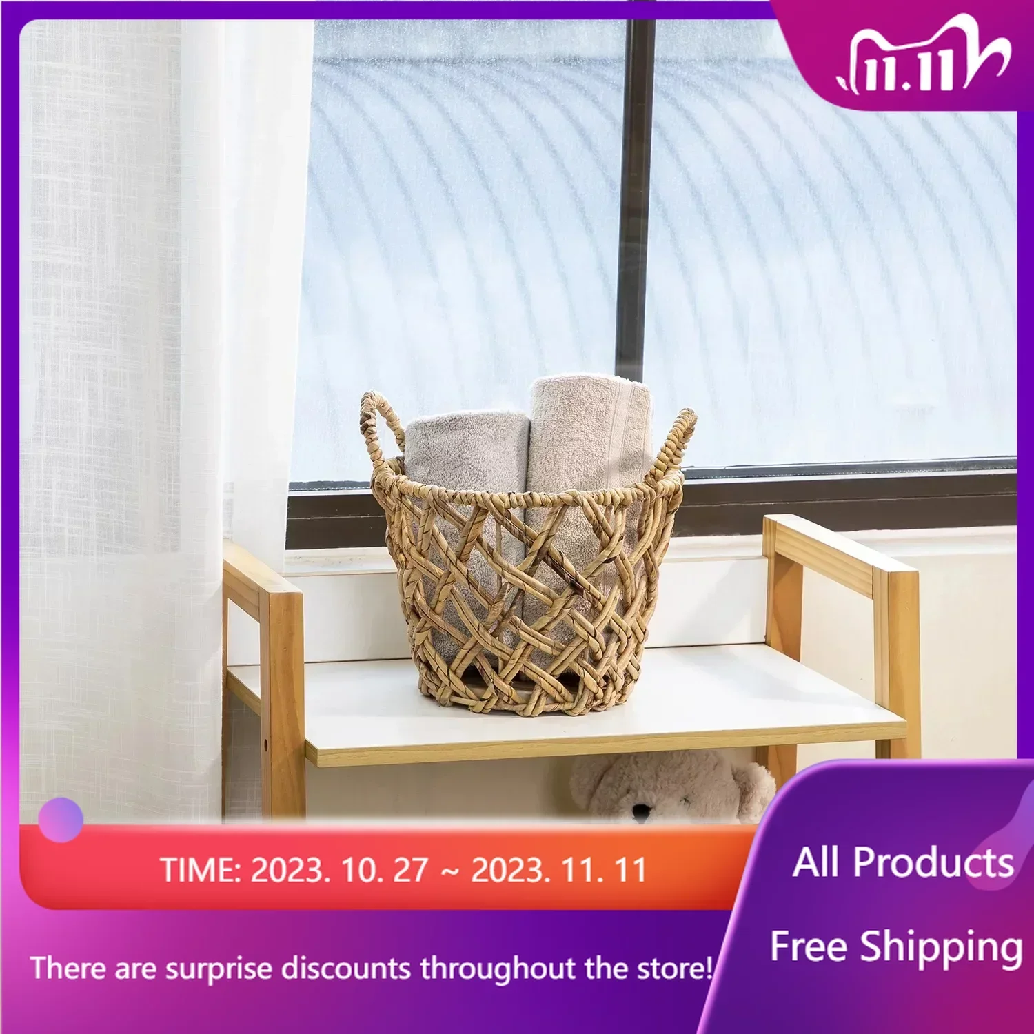 

Water Hyacinth Round Decorative Storage Basket with Handles, 9.84"D X 9.44"H Storage Baskets Fast Transportation Sales Promotion