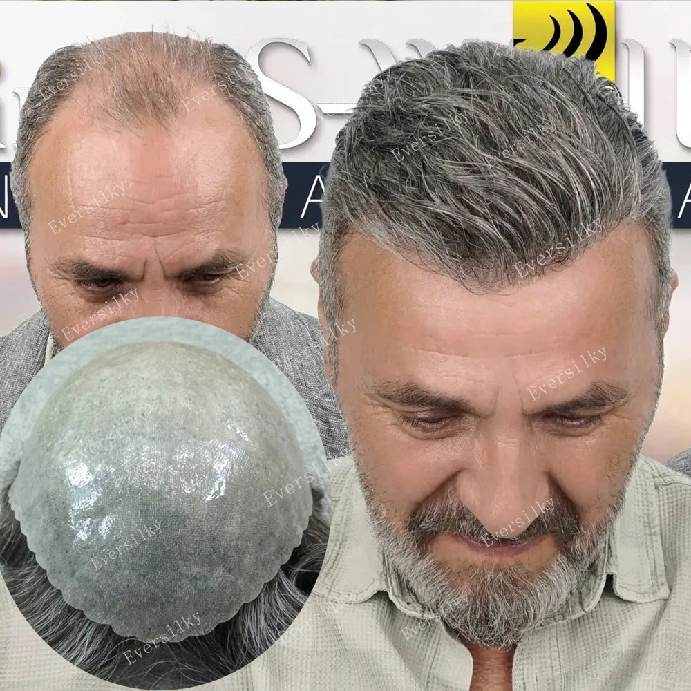 

Прочный парик из искусственной кожи с одним узлом для мужчин европейские человеческие волосы запасная система черные смешанные серые протезы