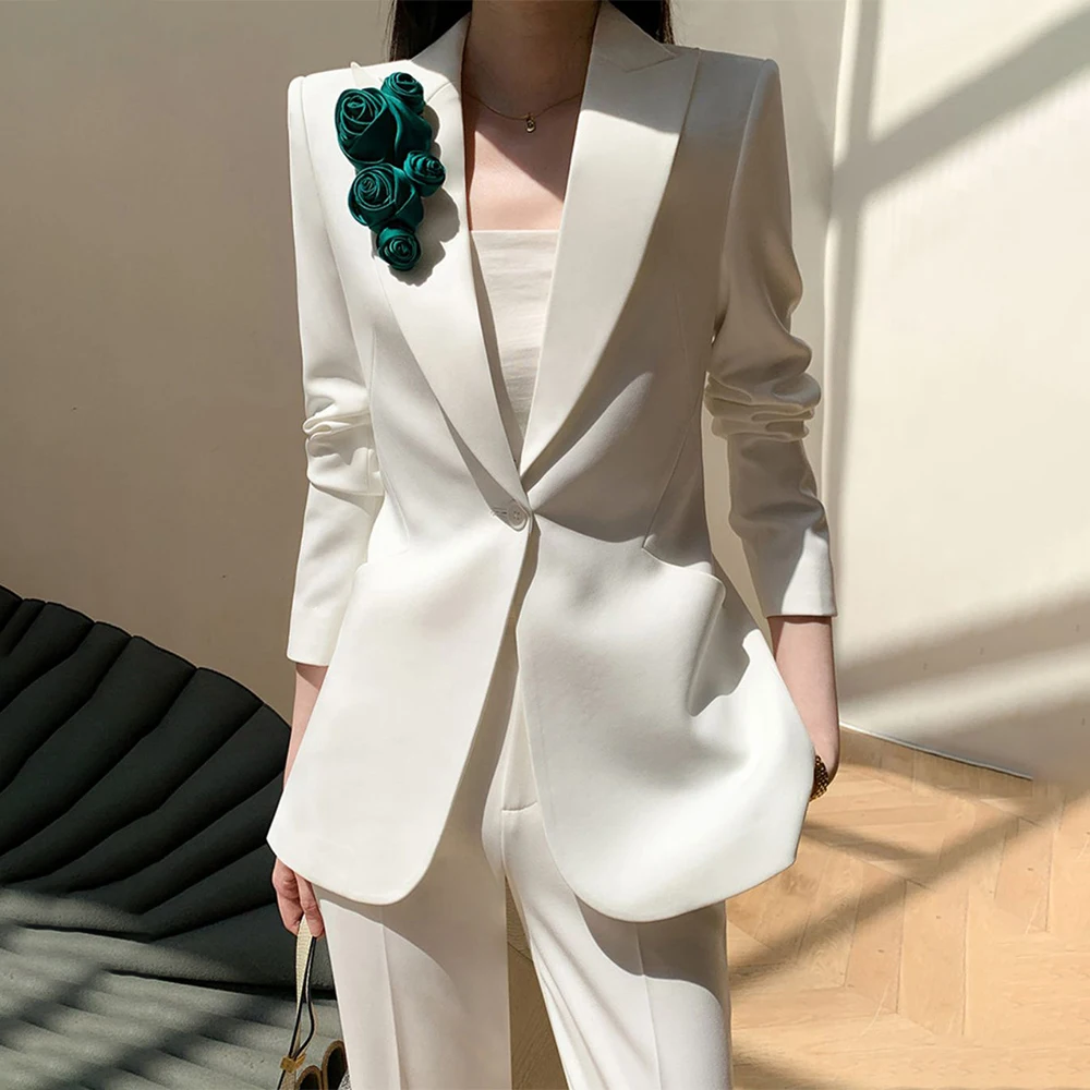 Chic Casual 2 Pieces Blazer Set For Women 3D Flower Single Button Jackets & Straight Leg Trousers Spring Fashion Ladies Pantsuit