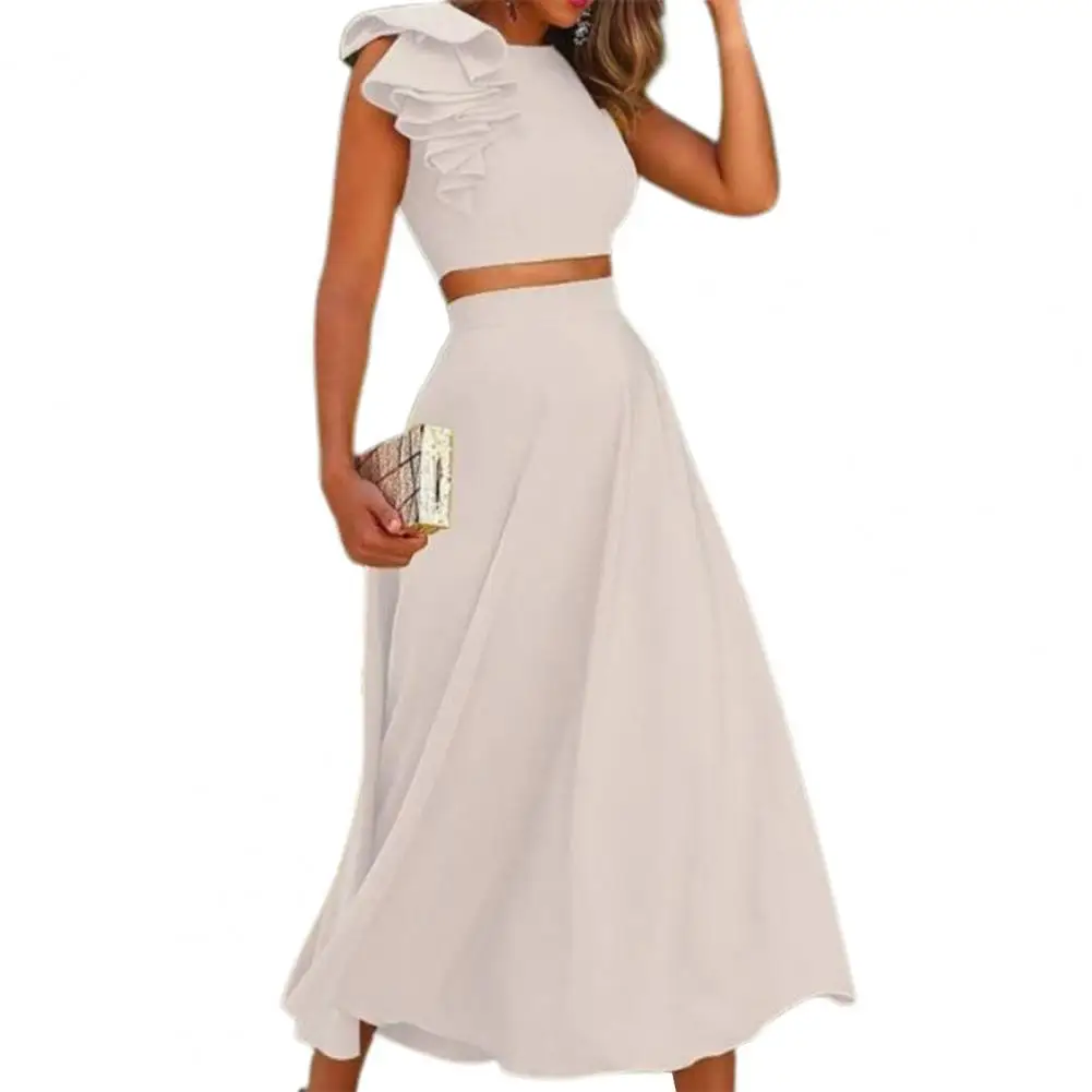 

40%HOT 2Pcs/Set Lady Suit Solid Color Backless Quick Drying Cropped Top Midi Skirt for Daily Life