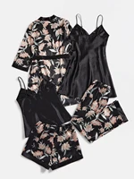 2022 new 2022 5pcs floral print belted satin robe cami top night dress pants shorts womens sleepwear sexy