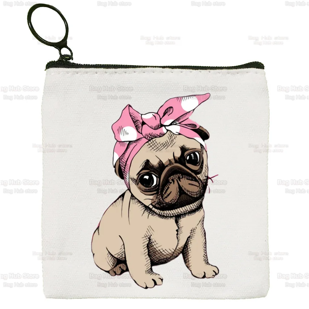 Pug Anatomy Canvas Coin Purse Canvas Bag Small Square Bag Cute Cartoon Dog Pet Key Bag Storage Bag Card Bag Cartoon Coin Bag