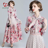 new 2021 spring long maxi dress womens turn down neck long sleeve charming floral print bohemia casual runway dresses