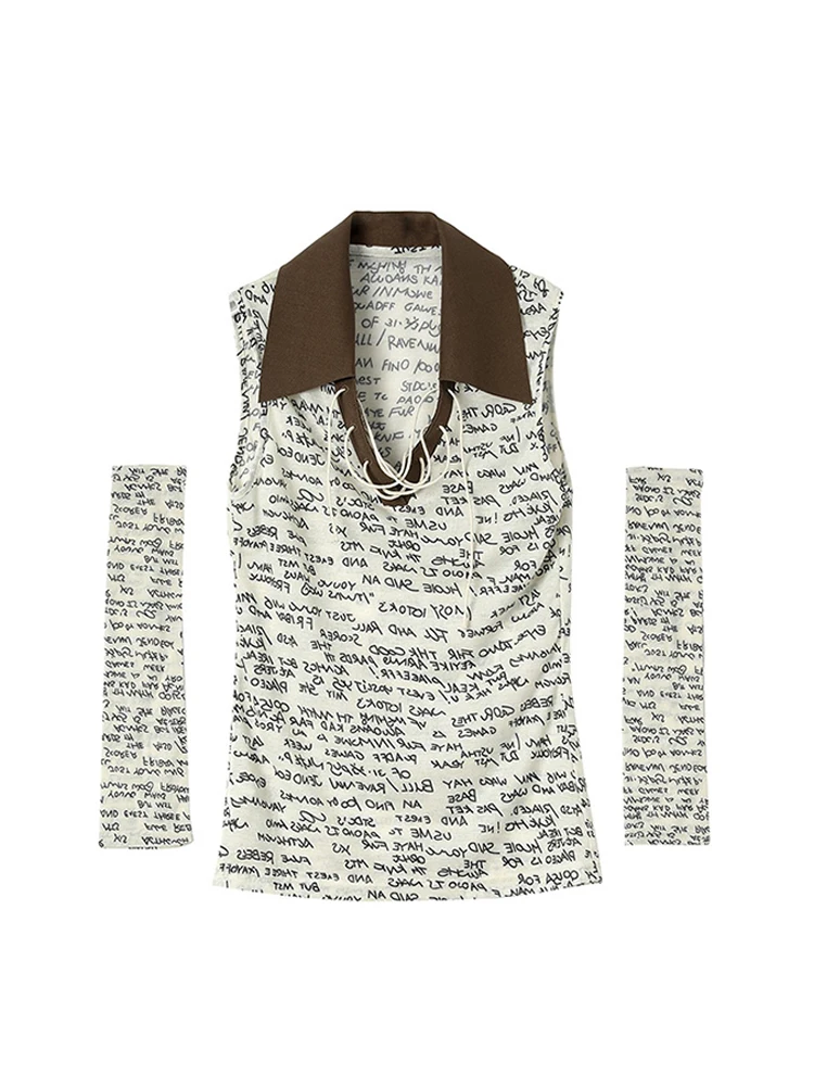 

American Style Retro Women Letter Print Tee 2023 New Lapel Bandage Design T-shirt Female Vintage Tie Up Clothes Slim Streetwear