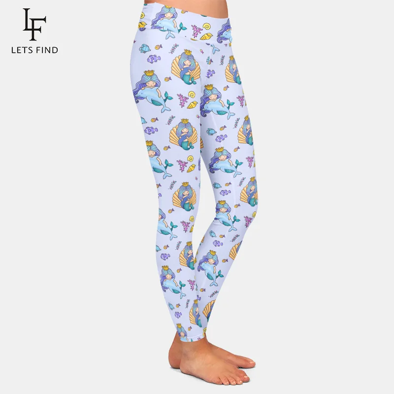 LETSFIND Fashion Women Leggings Cartoon Mermaid Printing High Waist Elastic Pants   Women Casual Leggings