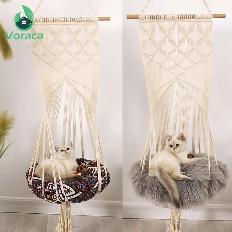 

Boho Style Cat Swing Cage Bed Handmade Hanging Sleep Chair Seats Tassel CatsToy Cotton Rope Macrame Tassel House Pets Supplies