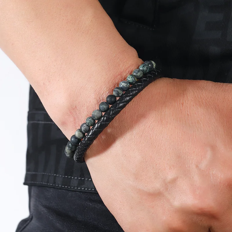 

2023 New Trendy Volcanic Rock Leather Steel Braided Bracelet Punk Cool Multilayer Leather Bracelet for Men Birthday Gift