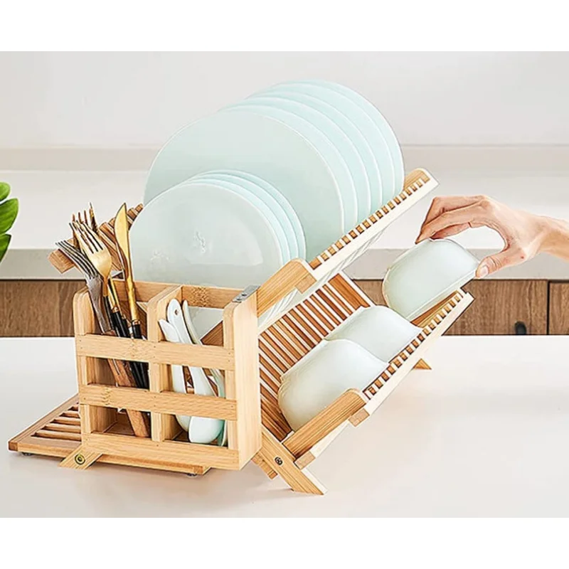 

3 Tier Collapsible Large Dish Rack Bamboo Dish Drying Rack Wooden Kitchen Counter Dish Drying Rack Utensil Holder Dish Drainer
