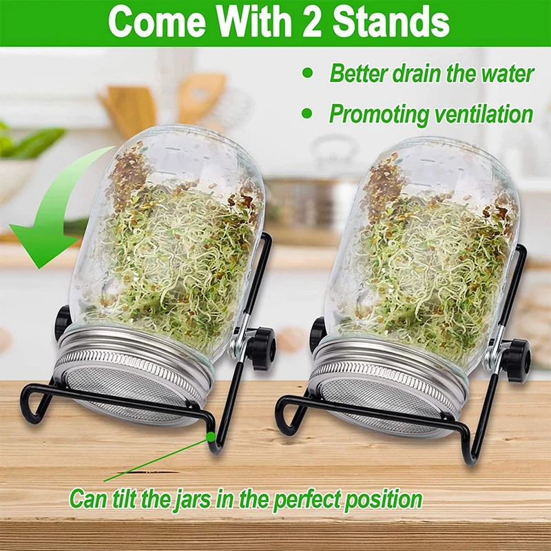 

New 2 Sets 1000Ml Glass Sprouter Jar,Sprouting Jar Kit For Home Kitchen/Garden,Stainless Steel Lid Mason Pot With Holder