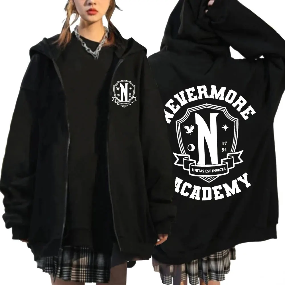 Wednesday Addams Nevermore Academy Zipper Hoodie Men's Graphic Logo Cardigan Sweatshirts Harajuku Oversized Zip Up Coats Hoodies