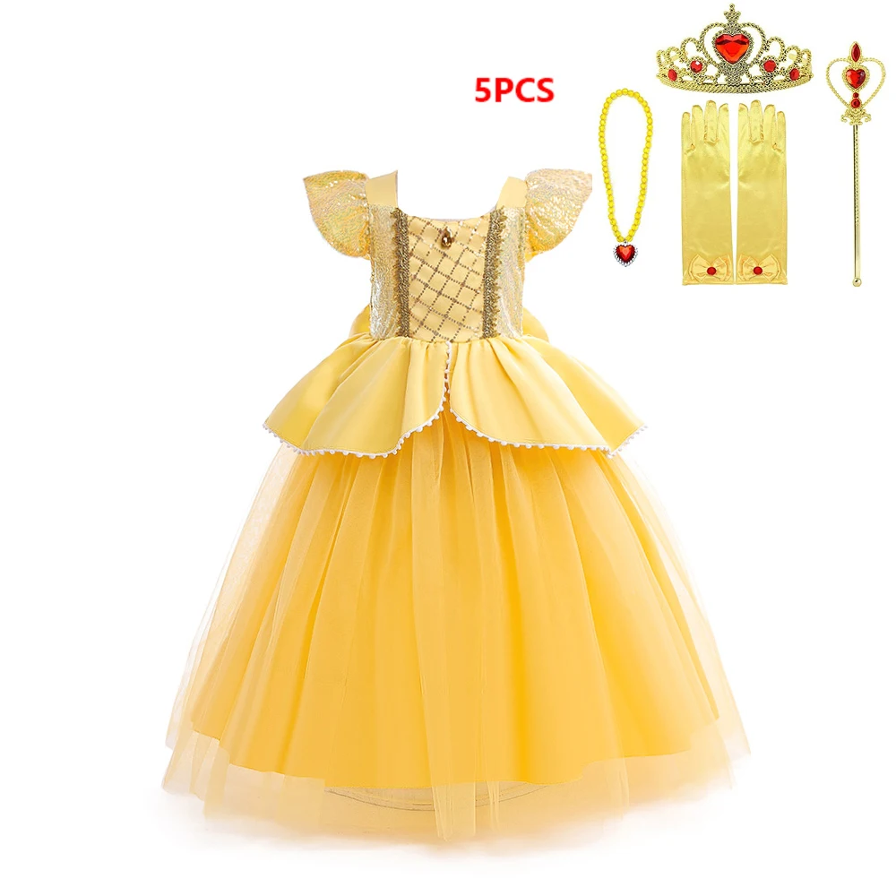 Элегантное детское платье для косплея - желтое Золушки с кружевными деталями.