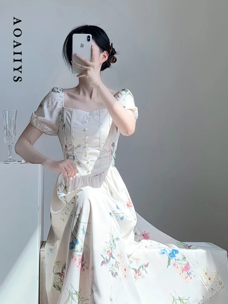 

Dress for Women Dresses 2023 Summer Floral A-Line Pearl Casual Square Collar Basic High Waisted Clothing Slim Mid-Calf Dresses